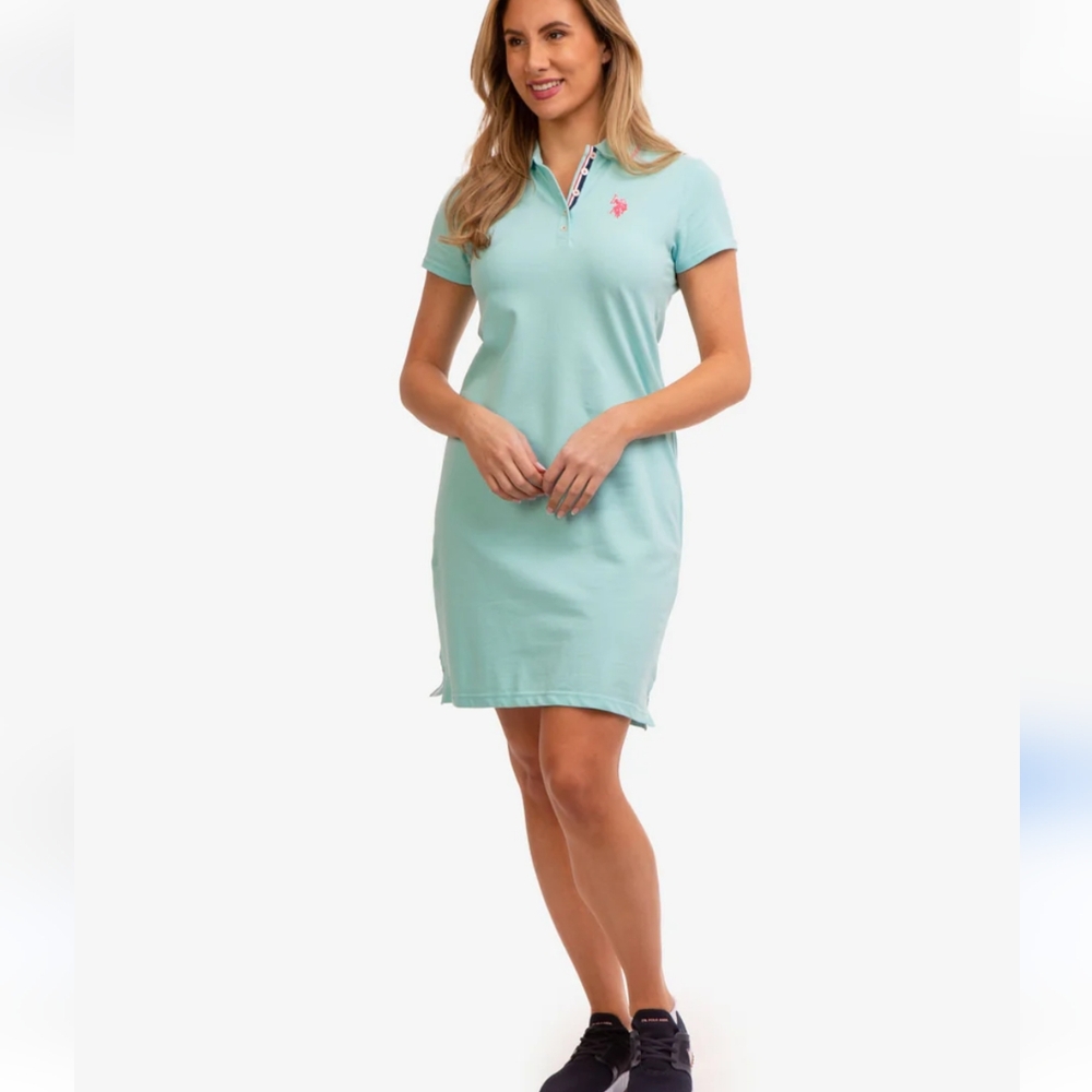 -J Crew reimagined mint green polo dress w pink flamingo logo above knee dress
